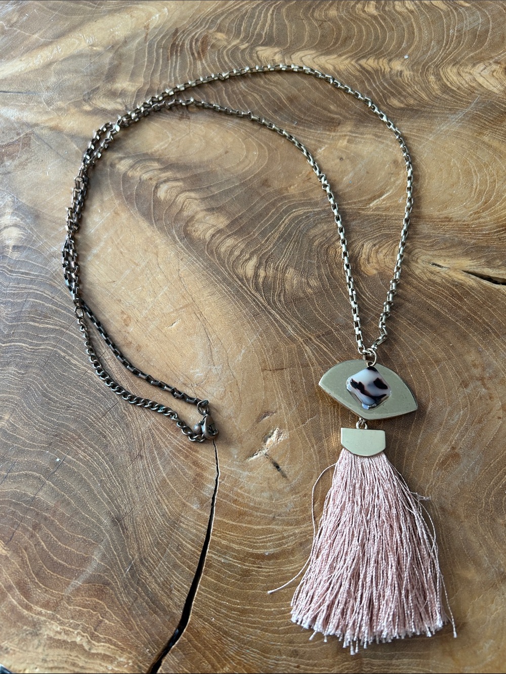 Long Gold Chain Necklace with Pink Tassel Pendant